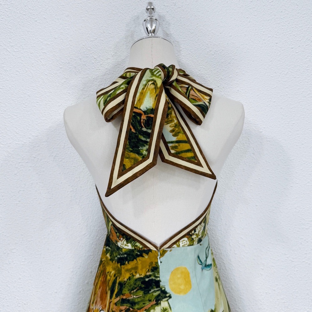 Alemais Tropical Halter Mini Dress in Green and Cream - Picture 3 of 8